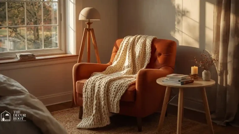 Cozy reading corner in a fall bedroom with armchair, throw, and floor lamp