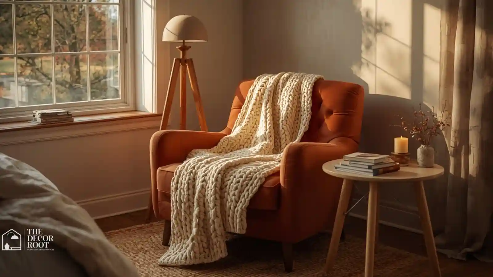 Cozy reading corner in a fall bedroom with armchair, throw, and floor lamp