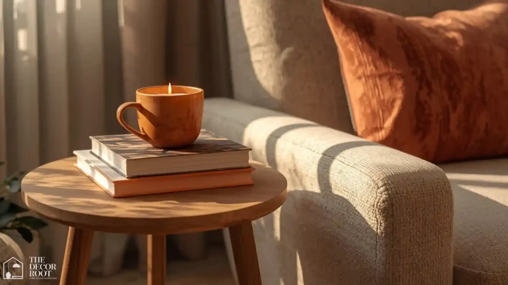Round side table styled with books, candle, and warm tea beside a reading chair