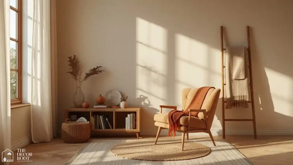 Full reading nook layout with chair, bookshelf, rug, and blanket ladder