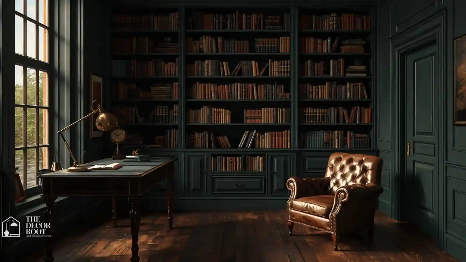 Moody dark academia bedroom with deep green walls, brass lamp, and leather chair