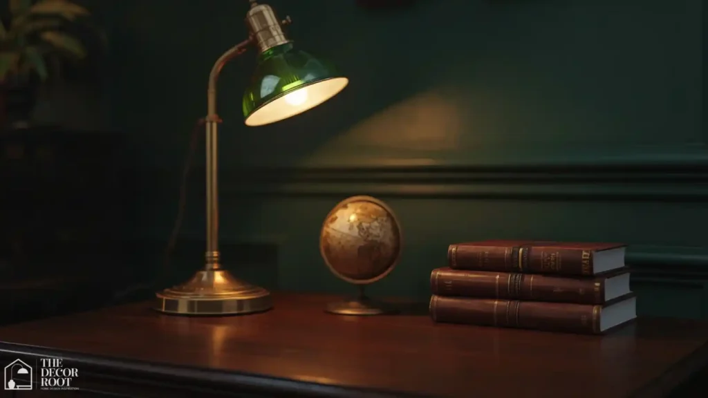 Vintage writing desk styled with brass lamp, globe, and stacked books