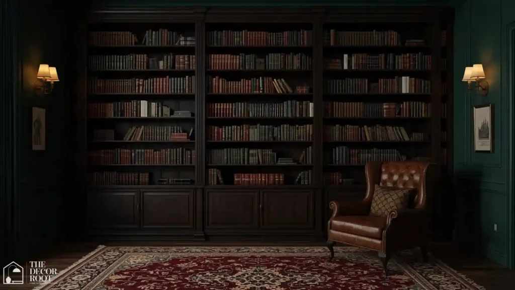 Full dark academia bedroom with bookshelf, leather chair, and layered rug
