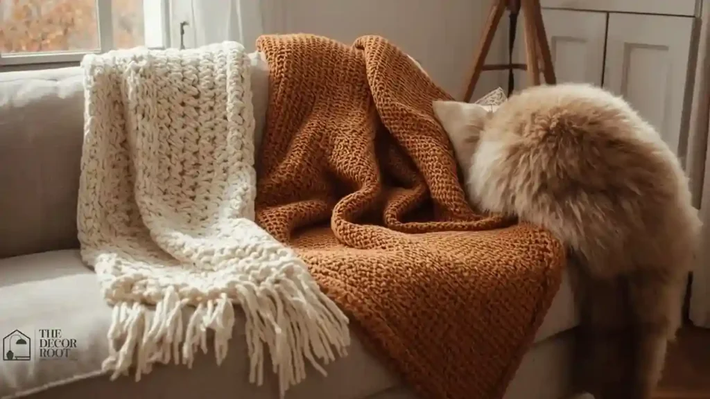 Chunky knit throw draped diagonally over a sofa arm in a fall living room