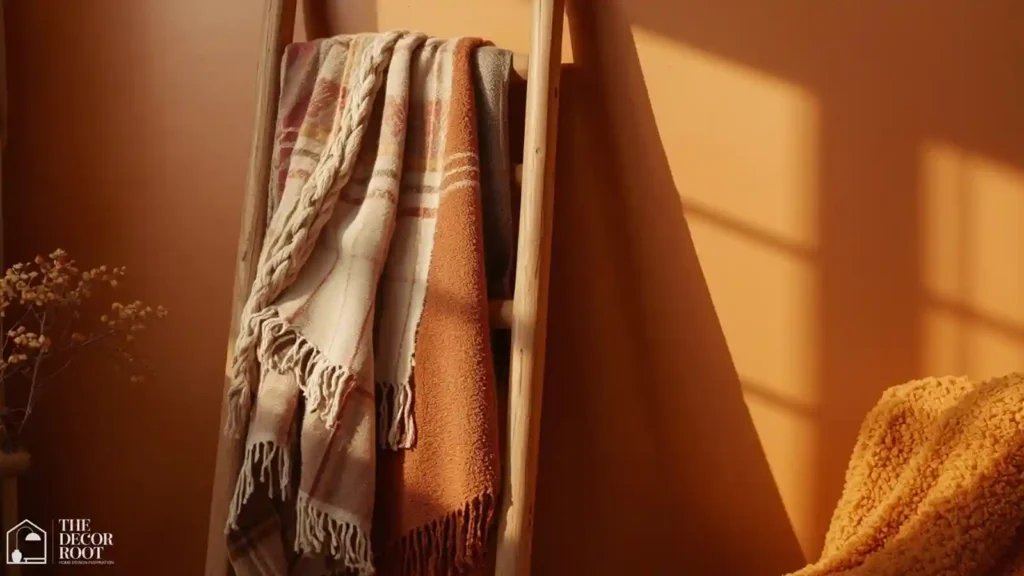 Wooden blanket ladder holding folded fall throw blankets beside a sofa