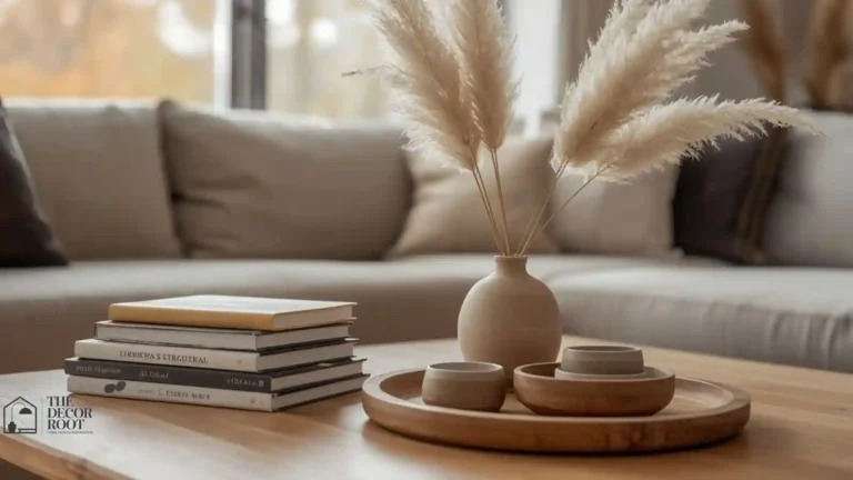 Fall coffee table styled with stacked books, a ceramic vase, and dried stems instead of pumpkins