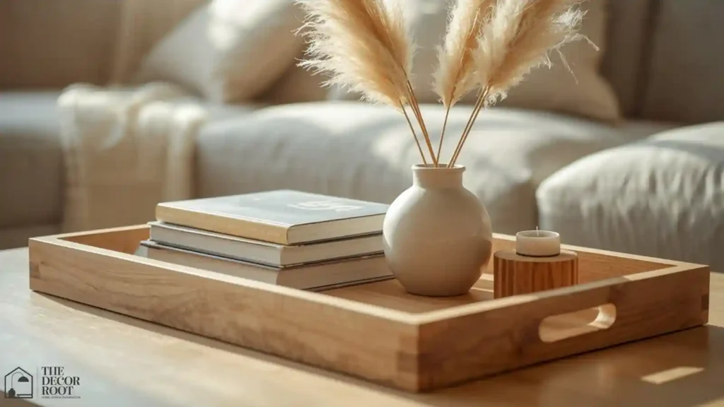 Wood tray styled with book stack and ceramic vase on a fall coffee table