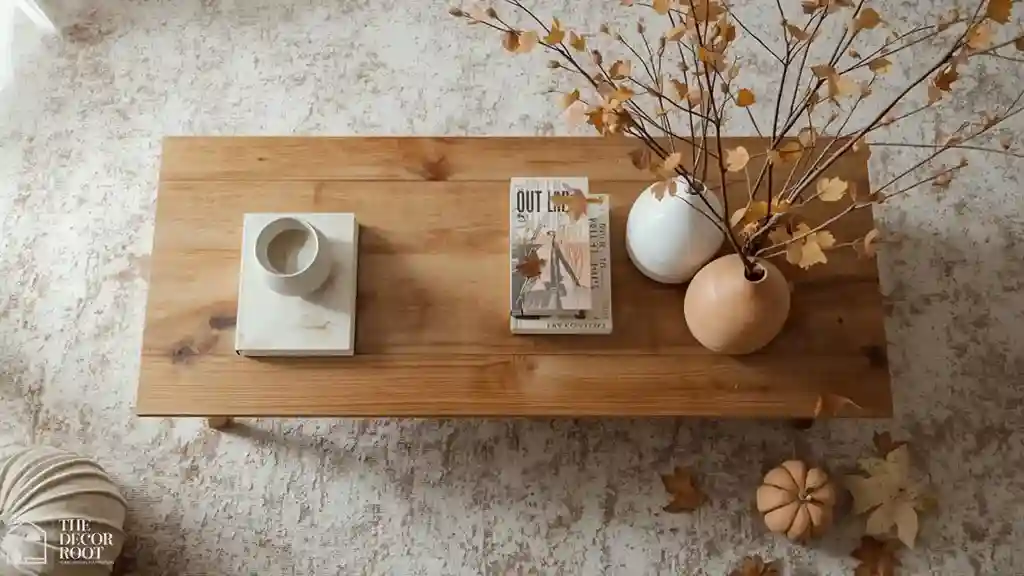 Asymmetrical fall coffee table styling with open space on one side