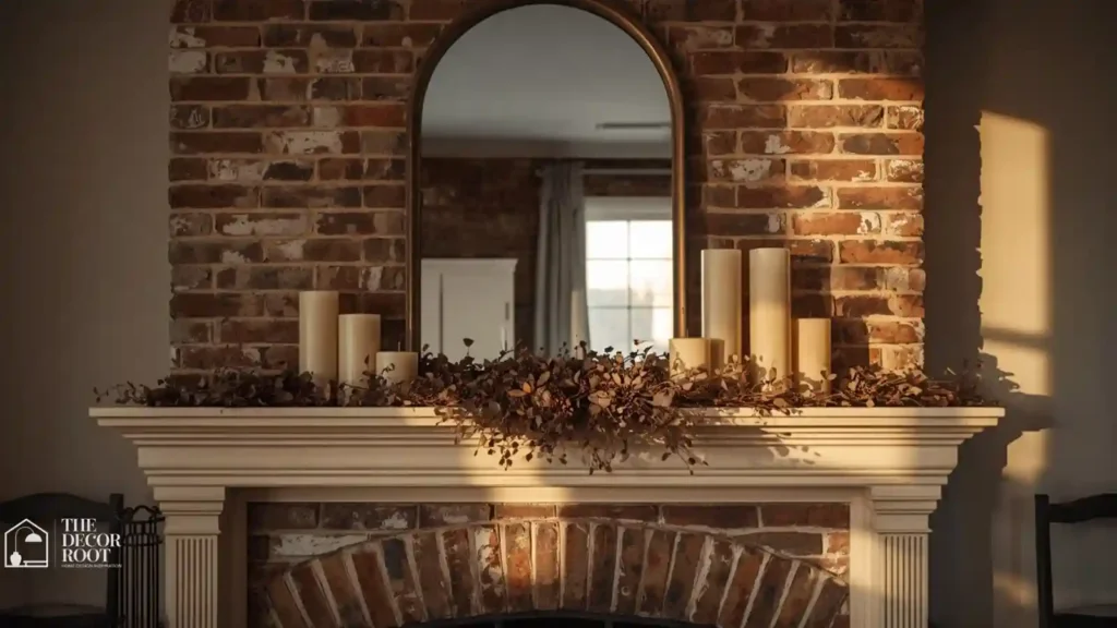 Fireplace mantel styled with layered candles, a large mirror, and dried florals for early fall