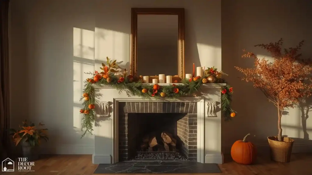 Wide view of a fully styled fall fireplace mantel with mirror, candles, and garland