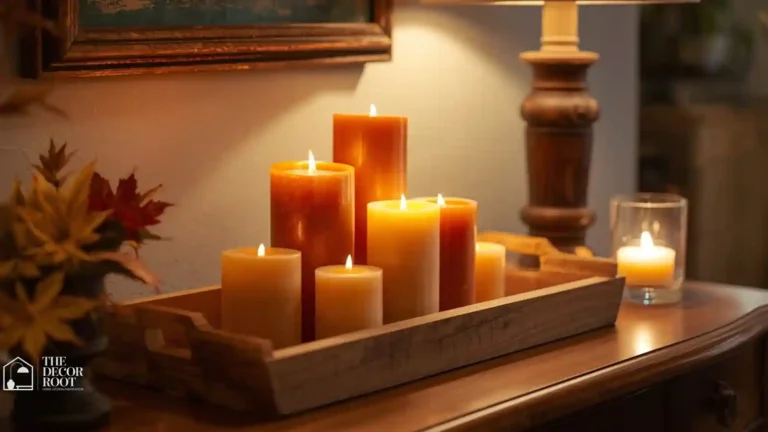 Grouped fall candle arrangement of varying heights on a wood tray in a living room