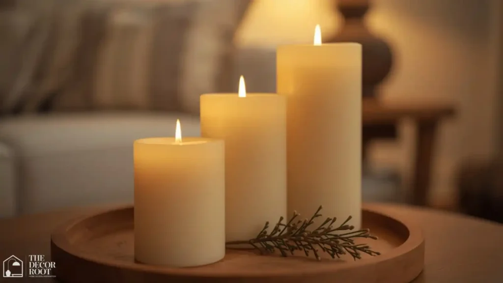 Clustered pillar candles of varying heights on a fall fireplace mantel