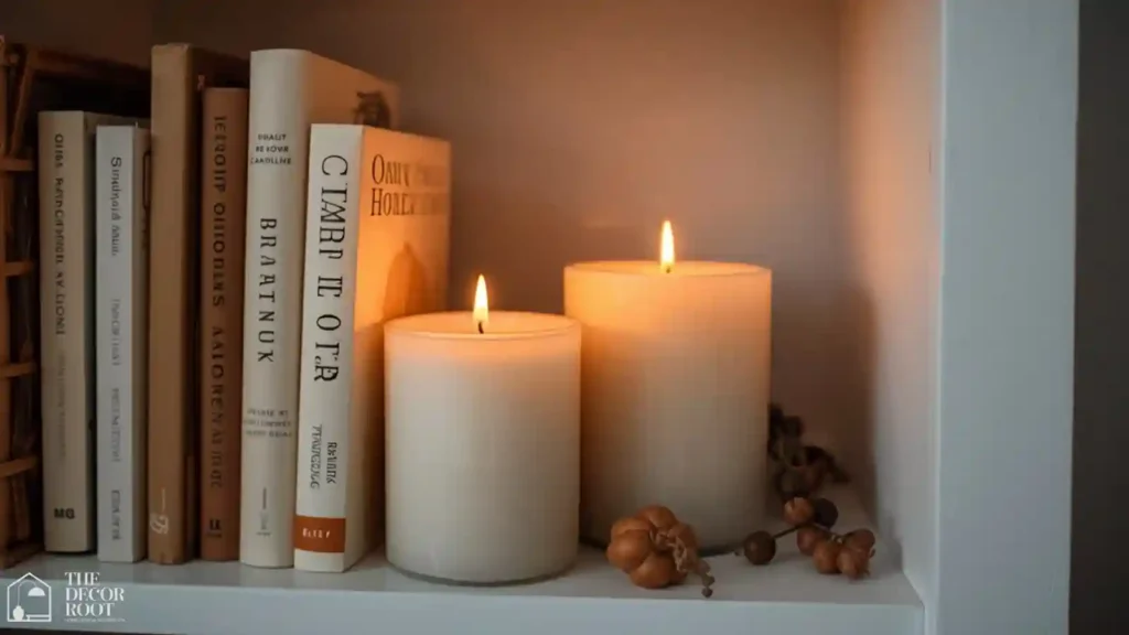 Small secondary candle cluster on a living room bookshelf