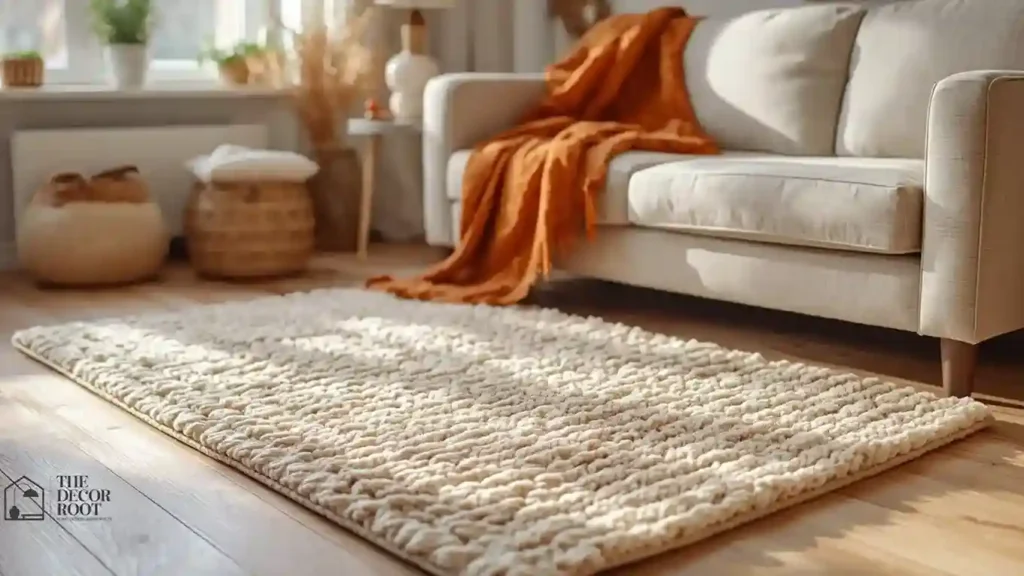 Chunky cream wool rug layered under a wood coffee table in a warm fall living room