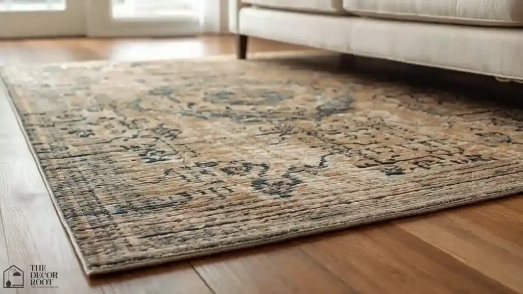 Vintage-pattern wool rug layered over a natural sisal rug in a fall living room