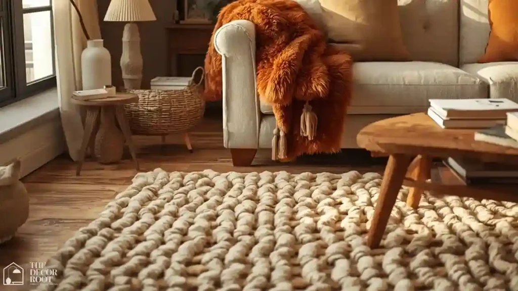 Vintage-pattern wool rug layered over a natural sisal rug in a fall living room