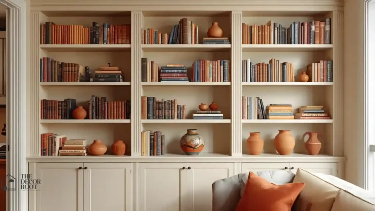 Curated fall-styled bookshelf with color-blocked books, ceramic vases, and warm accents