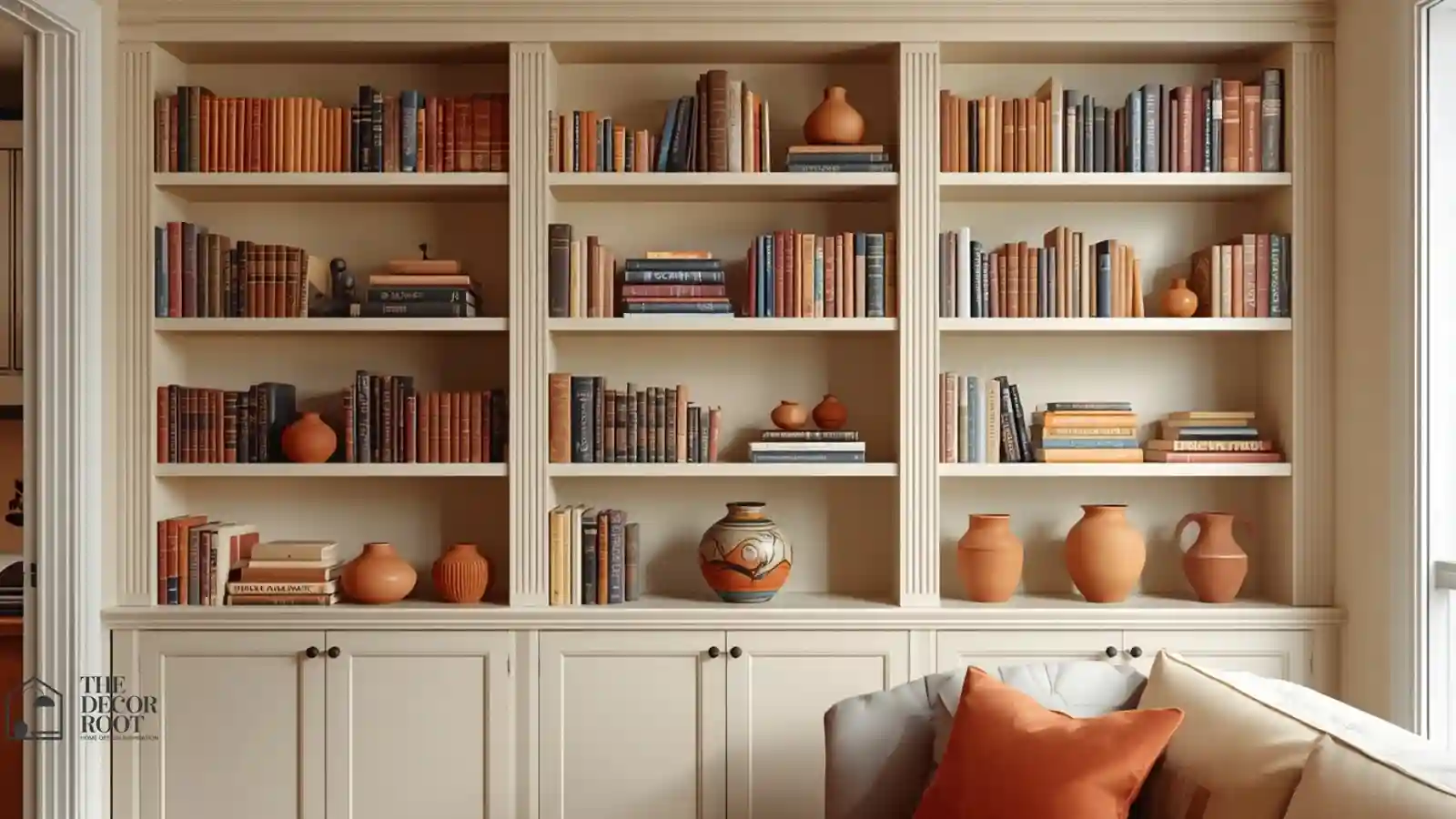 Curated fall-styled bookshelf with color-blocked books, ceramic vases, and warm accents