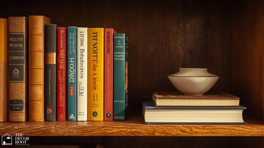 Bookshelf section with spines grouped by warm color and a horizontal book stack pedestal