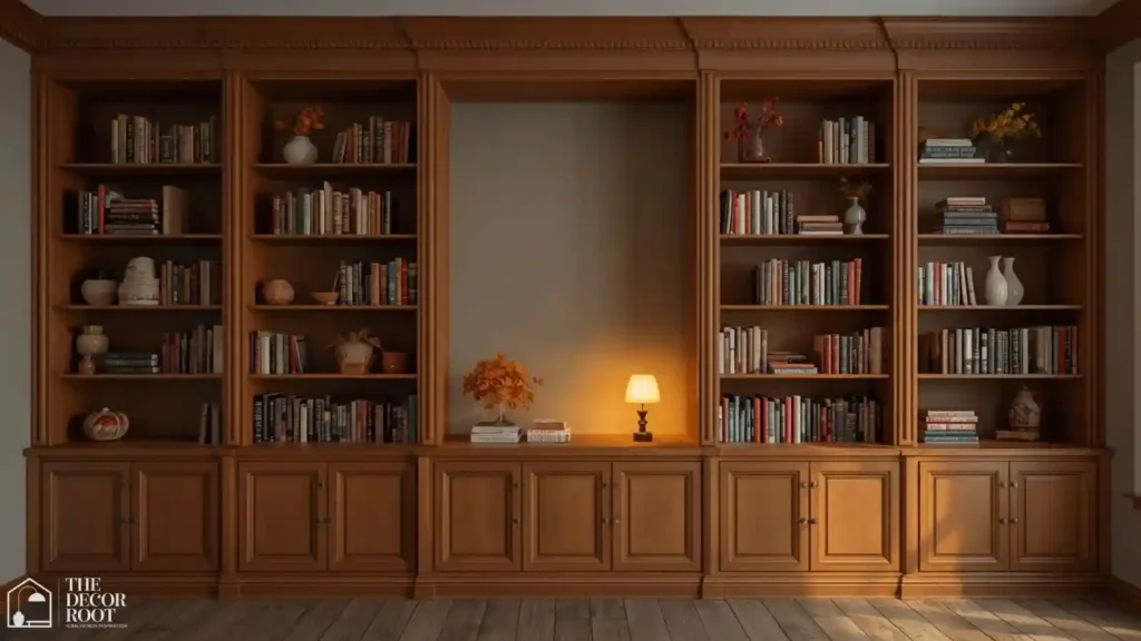 Fully styled fall bookshelf unit with negative space, warm objects, and layered lighting