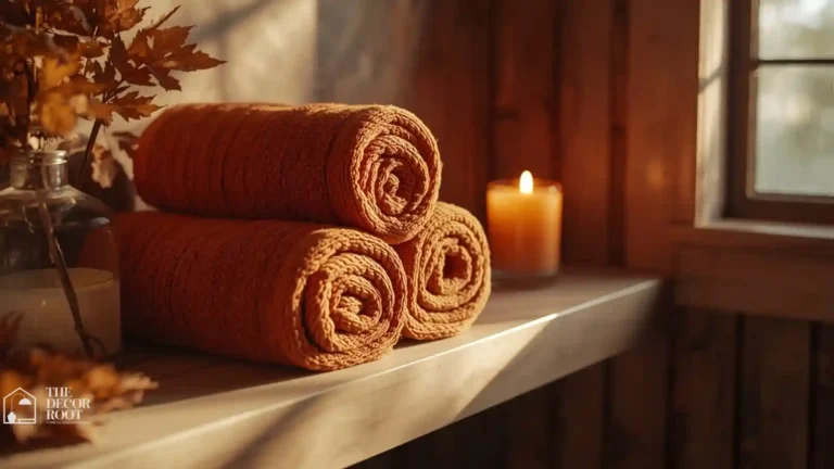 Warm terracotta waffle-weave towels rolled beside a lit candle in a fall-styled bathroom