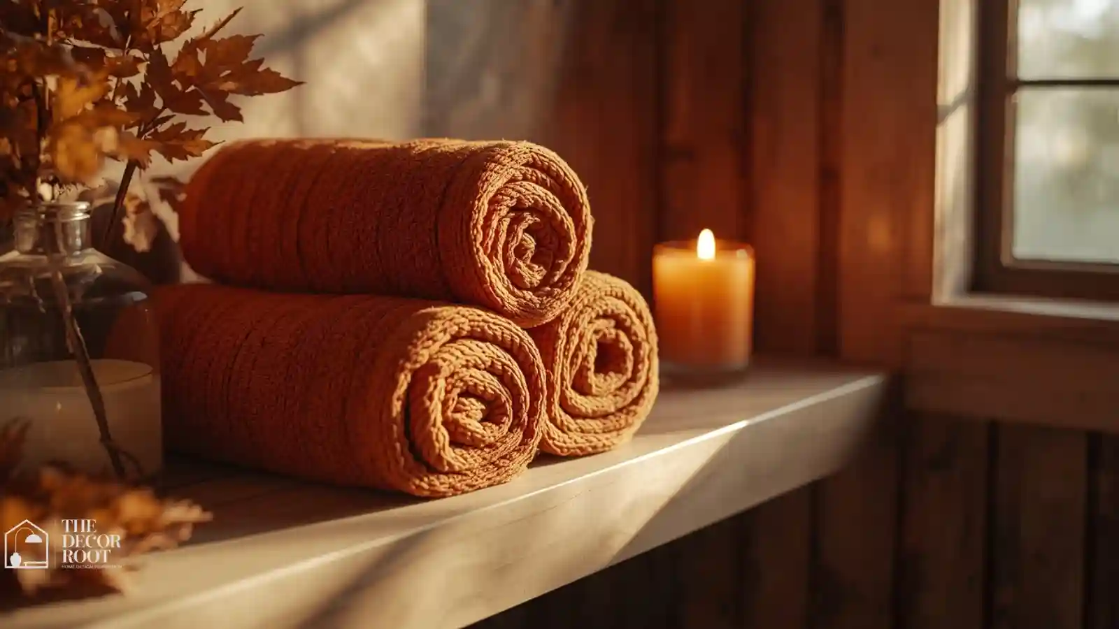 Warm terracotta waffle-weave towels rolled beside a lit candle in a fall-styled bathroom