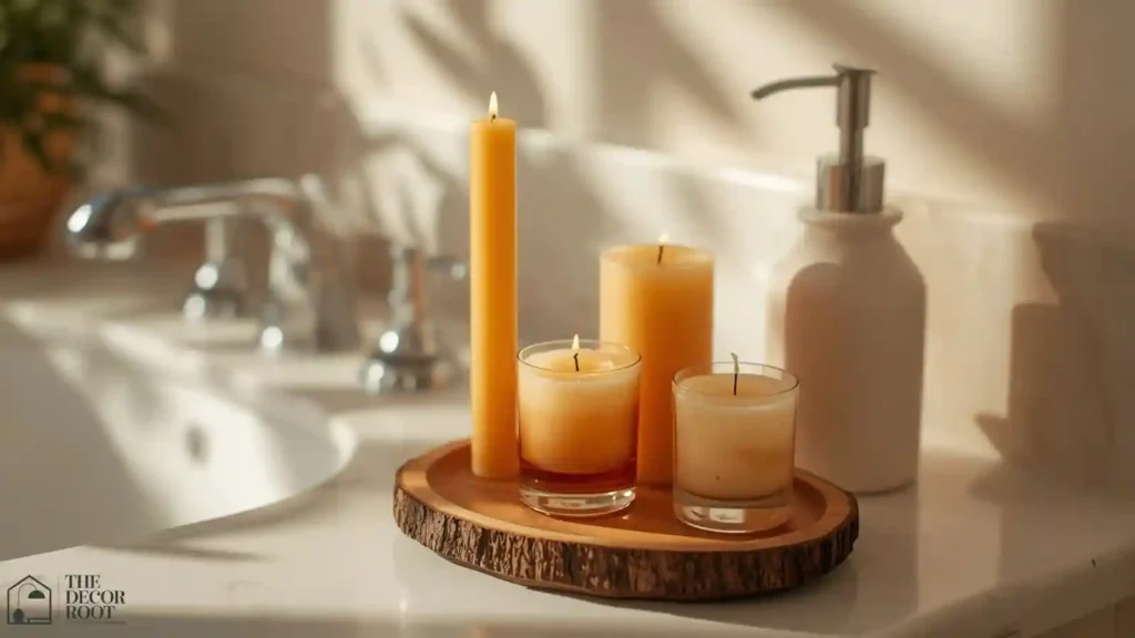 Three fall-scented candles at varying heights on a wood tray in a bathroom