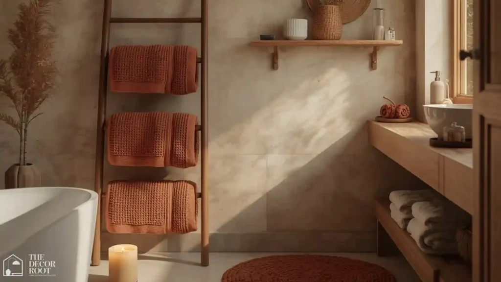 Fully refreshed fall bathroom with rolled towels, ladder rack, and chunky bath mat