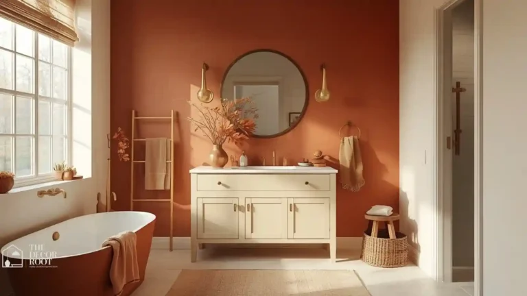 Warm terracotta and cream bathroom color palette with brass fixtures and wood accents