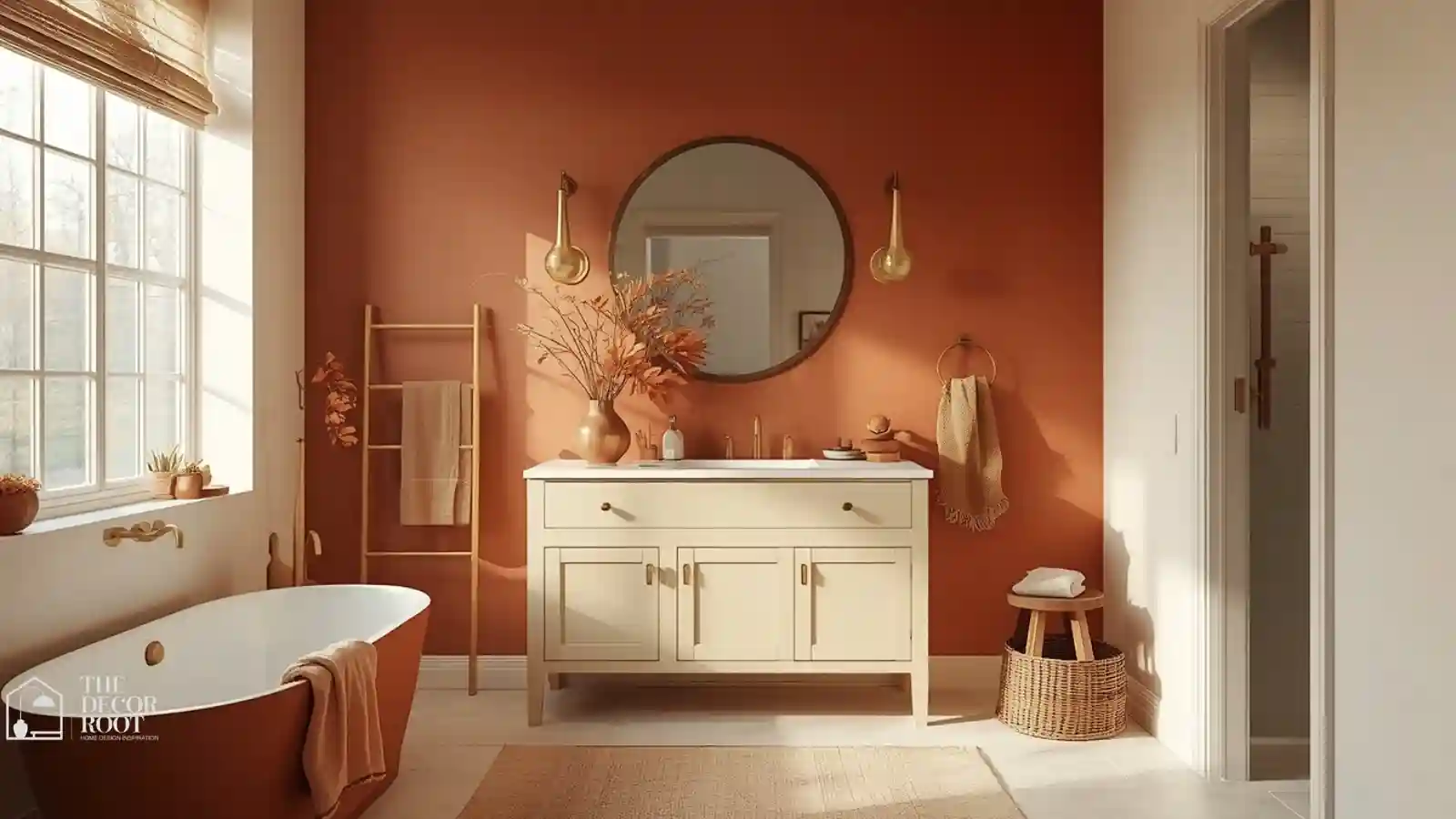 Warm terracotta and cream bathroom color palette with brass fixtures and wood accents