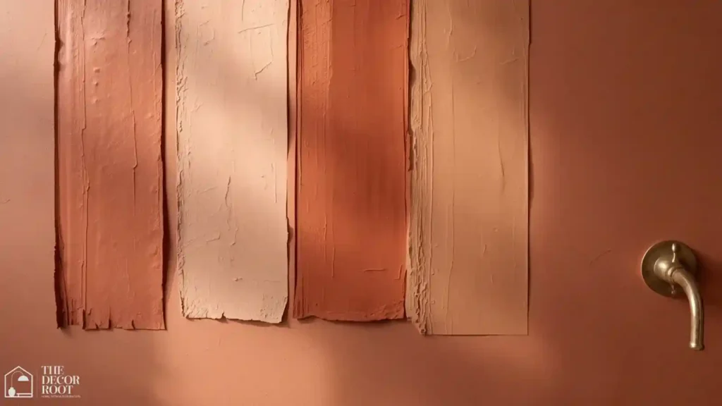 Warm terracotta and clay paint sample swatches tested directly on a bathroom wall