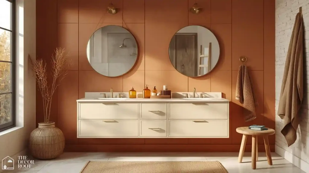 Fully styled warm-toned bathroom with terracotta accents, brass hardware, and wood details