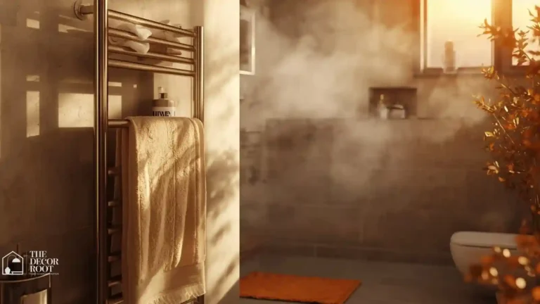 Wall-mounted heated towel rack with folded white towels in a warm fall bathroom