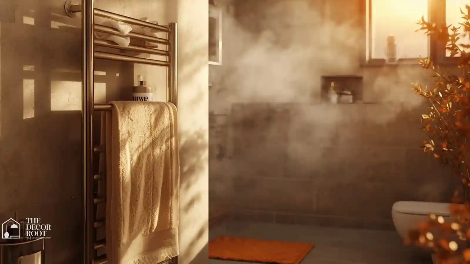 Wall-mounted heated towel rack with folded white towels in a warm fall bathroom