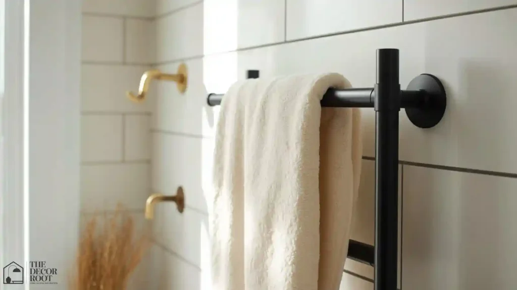 Matte black heated towel rack mounted in a modern farmhouse bathroom