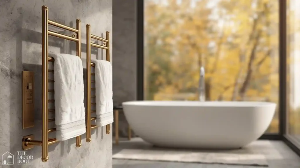 Luxury spa-style dual heated towel rack with remote control in primary bathroom