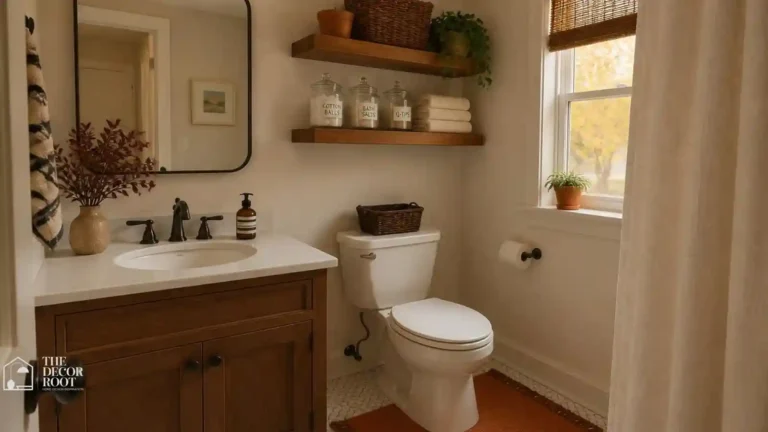 Organized fall bathroom with woven baskets, labeled jars, and floating shelves