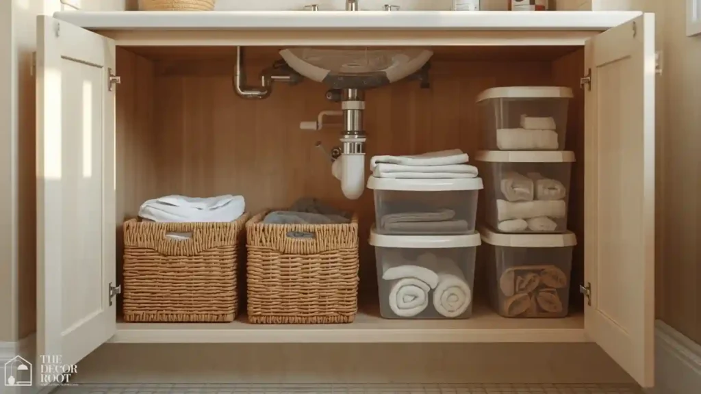 Organized under-sink bathroom cabinet with woven baskets and clear bins