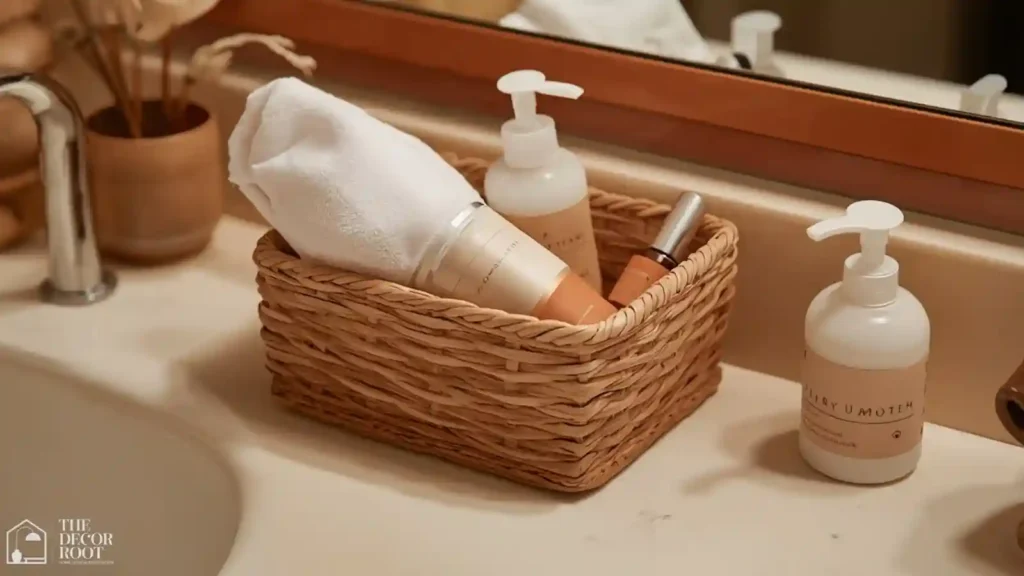 Guest welcome basket with folded towel, toiletries, and phone charger on bathroom counter