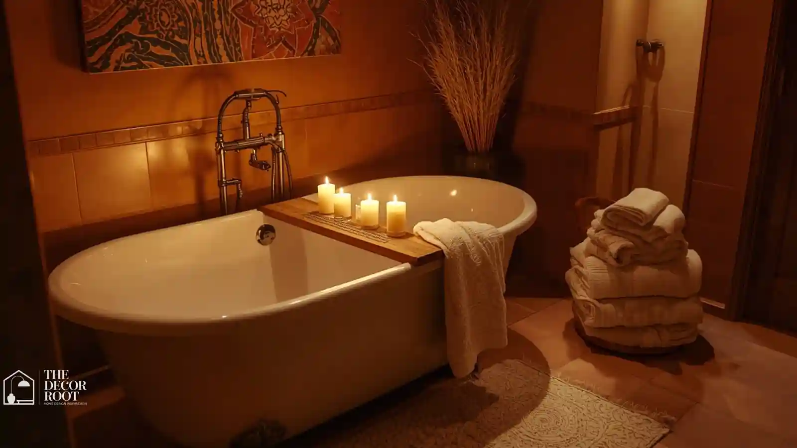 Candlelit spa bathroom with soaking tub styled for a fall self-care night