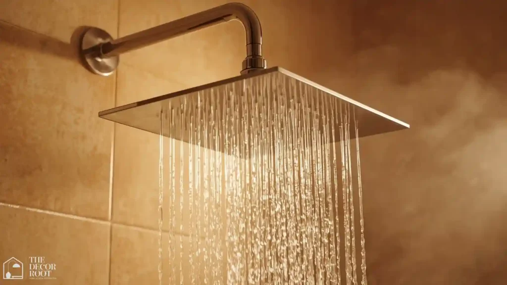 Rainfall showerhead installed in a warm-toned fall bathroom