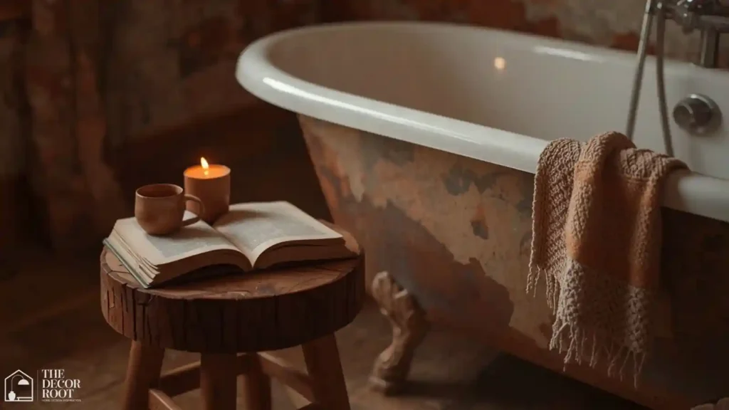 Small wooden stool beside a soaking tub styled with a book and candle for a fall spa night