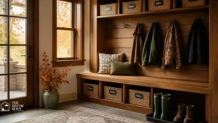 Organized fall mudroom with boot tray, bench, and labeled storage cubbies