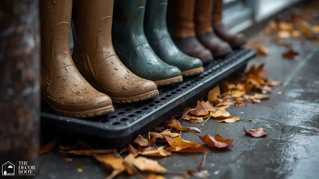 Drainage boot tray with rain boots at a fall entryway