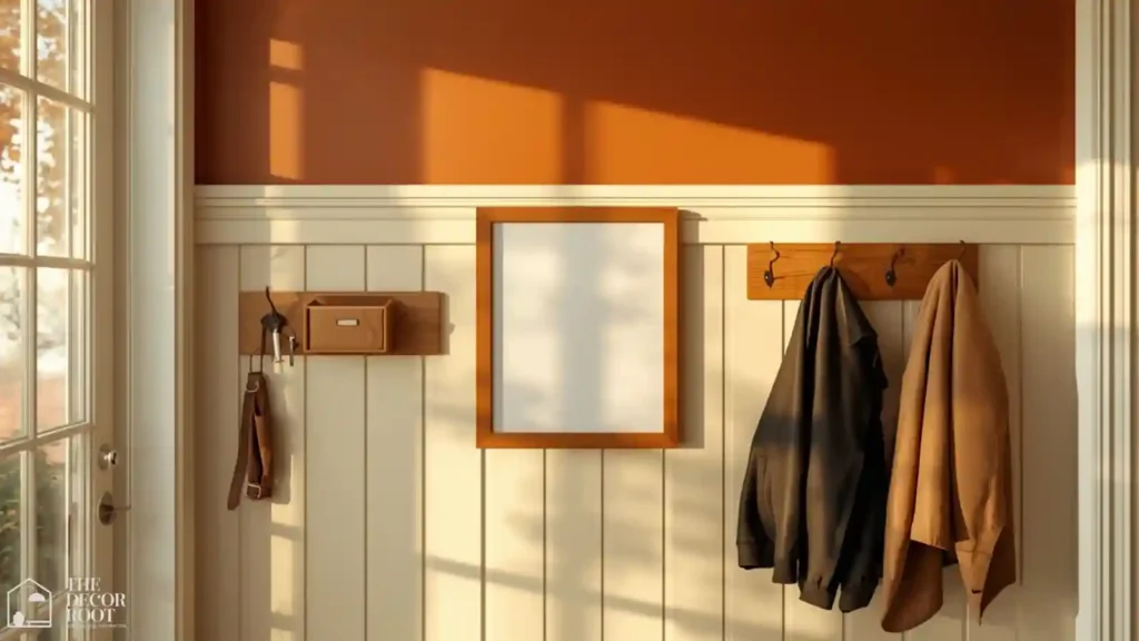 Wall-mounted mudroom command center with hooks, mail slot, and whiteboard