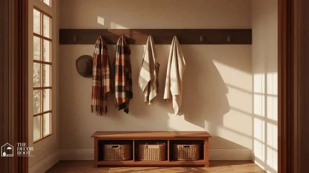 Fall entryway with wall-mounted coat hooks holding coats and scarves above a wood bench