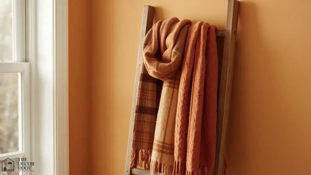 Wooden ladder rack draped with plaid and cable-knit scarves in a fall entryway