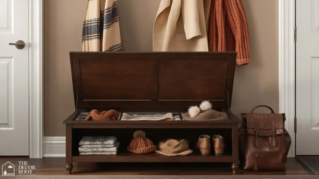 Entryway storage bench with hinged lid open showing folded scarves and hats inside