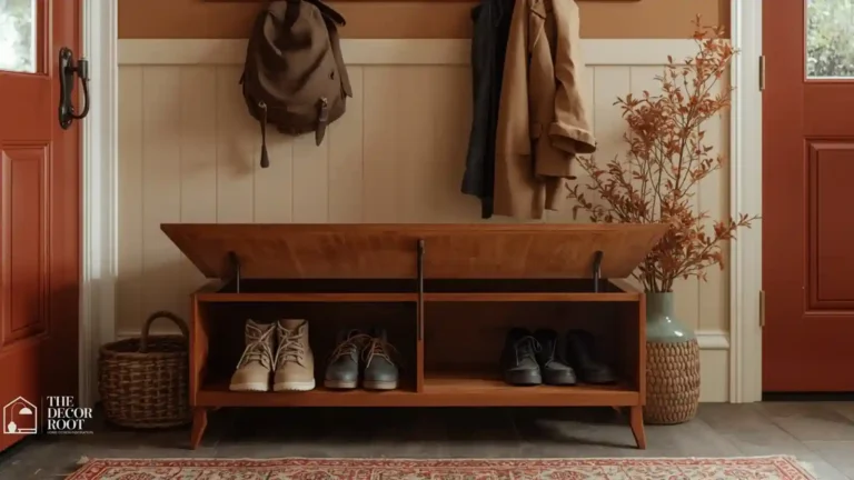 Wood entryway bench with lift-top lid open showing hidden shoe storage inside
