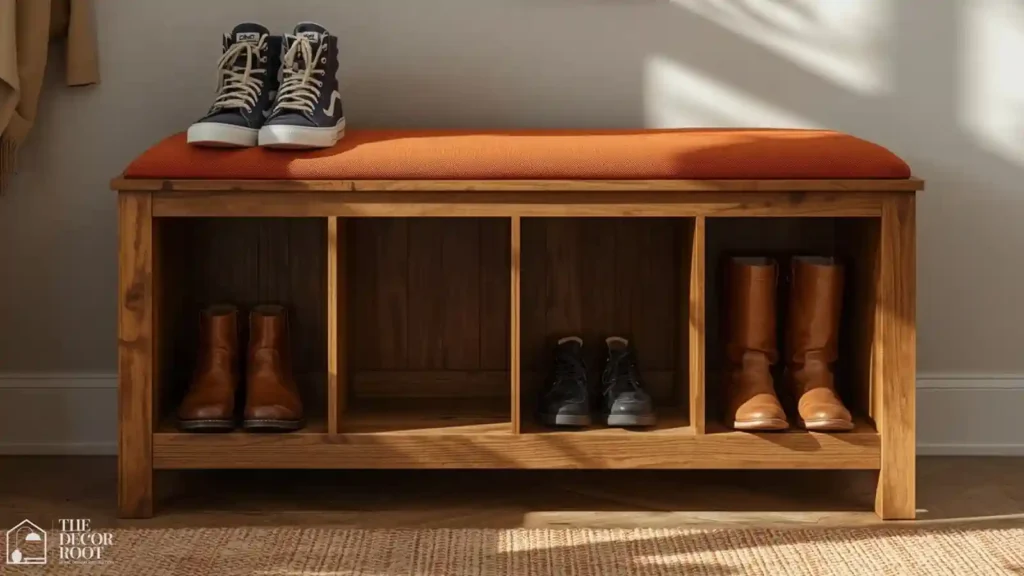 Two-tier cubby bench with shoes on top row and boots on bottom row in a fall entryway